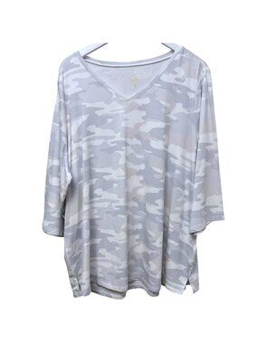 BELLE Kim Gravel Womens Top Plus Size 2X Gray Camo V-Neck 3/4 Sleeve Tee